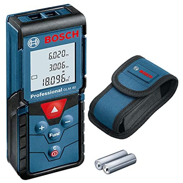 Bosch Professional Laser Entfernungsmesser GLM 40 (Flächen-/Volumenberechnung, max. Messbereich: 40 m, 2x 1,5-V Batterien, Schutztasche)