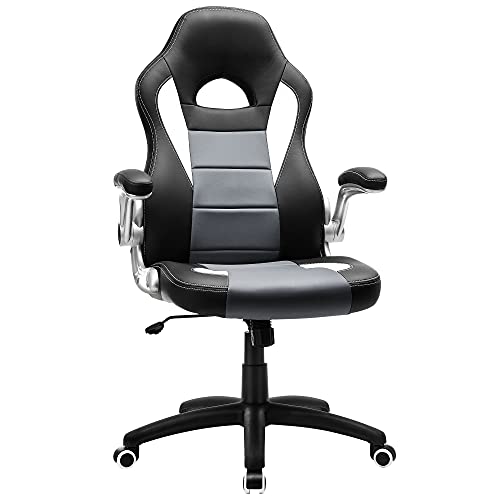 SONGMICS Gamingstuhl, Racing Chair, Schreibtischstuhl mit hoher Rückenlehne, Bürostuhl, höhenverstellbar, hochklappbare Armlehnen, Wippfunktion, für Gamer, schwarz-grau-weiß OBG28G