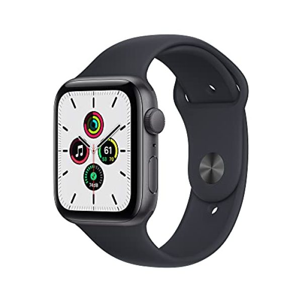Apple Watch SE (1. Generation) (GPS, 44mm) Smartwatch - Aluminiumgehäuse Space Grau, Sportarmband Mitternacht - Regular. Fitness-und Aktivitätstracker, Herzfrequenzmesser, Wasserschutz